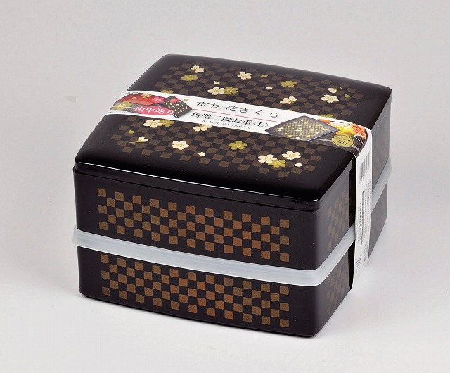 Checkered Pattern with Cherry Blossom Square Two-tiered Food Box (L) with Seal Lid#市松花さくら　角型二段お重(シール蓋付)　L