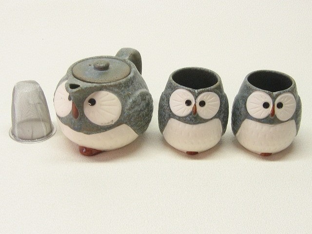 3PC TEA SET OWL GREY#ｸﾞﾚｲ福来朗3客茶器揃