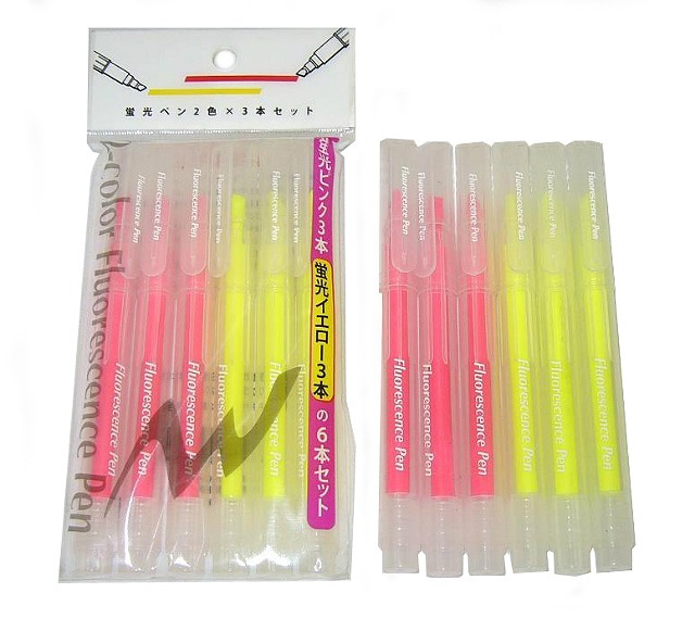 Fluorescent Pen 2 color x 3P  Pink 3P/Yellow 3P#蛍光ペン2色×3本セット　ピンク３本・黄色３本