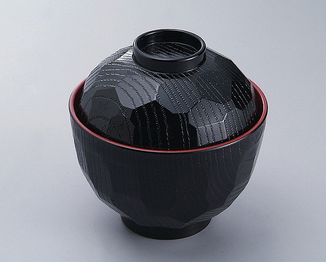 ABS Hexagonal Patterned Soup Bowl with a lid (Black， inside:Vermilion)#蓋付　亀甲吸物椀 （黒内朱）