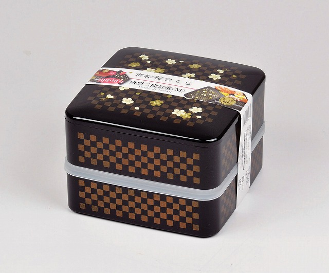 Checkered Pattern with Cherry Blossom Square Two-tiered Food Box (M) with Seal Lid#市松花さくら　角型二段お重(シール蓋付)　M