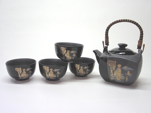 5PC TEA SET GOLD MAIKO#黒塗分舞妓4土瓶茶器揃