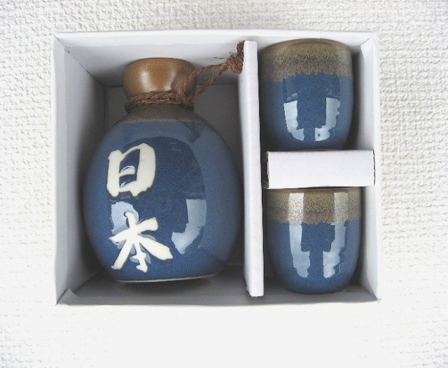 3PC RICEWINE SET JAPAN BLUE#ブルー日本2客酒器揃